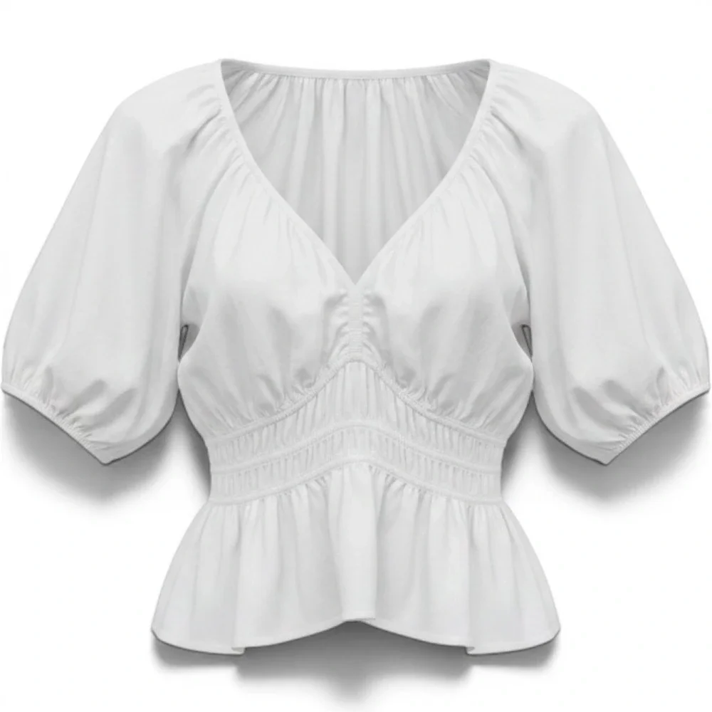 Old Navy Womens White Puff Sleeve Smocked V-Neck Peplum Blouse Top Large
